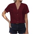 thumbnail image 1 of YYDGH Womens Short Sleeve Button Down Shirts V Neck Shell Trim Casual Blouses Summer Tops Wine Red L, 1 of 8