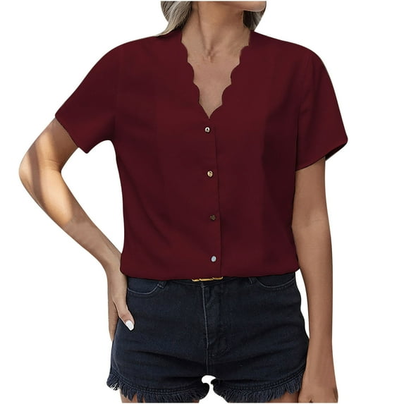 YYDGH Womens Short Sleeve Button Down Shirts V Neck Shell Trim Casual Blouses Summer Tops Wine Red L