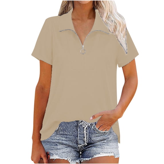 YYDGH Womens Short Sleeve Zip Up Turtleneck Tops High Low Side Slit Polo Shirts Summer Beige M