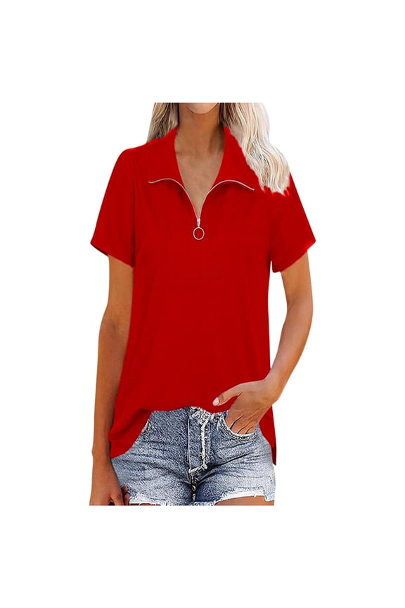 Womens Short Sleeve Zip Up Turtleneck Tops High Low Side Slit Polo Shirts Summer Red M