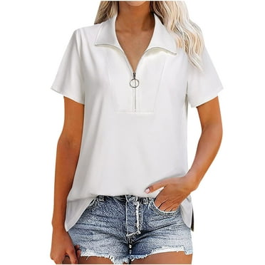 YYDGH Womens Short Sleeve Zip Up Turtleneck Tops High Low Side Slit Polo Shirts Summer White S