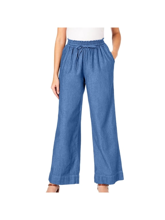 Womens Stretchy High Waisted Jeans Casual Loose Fit Drawstring Wide Leg Denim Pants Trousers with Pockets