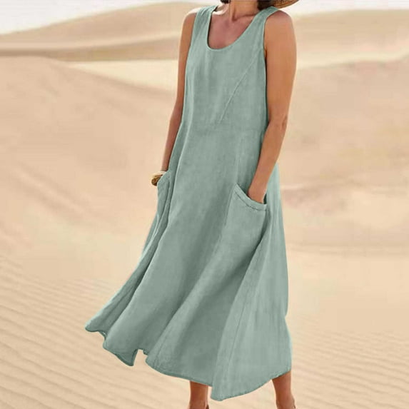 Summer Dress for Women Linen Sleeveless Casual Loose Tank Dress Beach Dress with Pockets