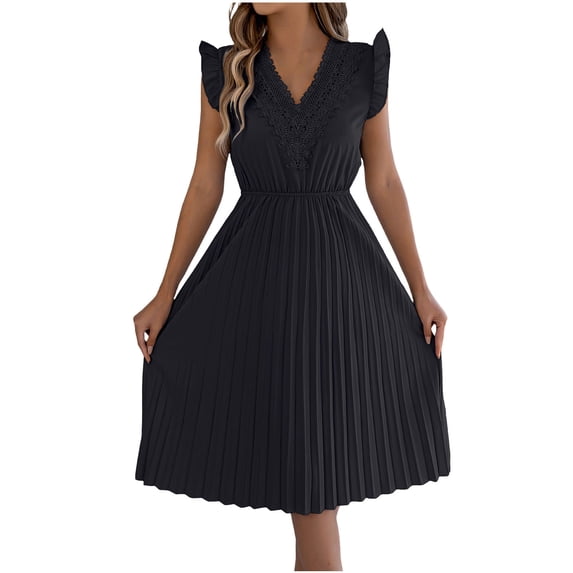 YYDGH Womens Summer Elegant Dress V Neck Lace Trim Fly Sleeve Midi Dress Casual Elastic Waist Pleated A Line Swing Dress