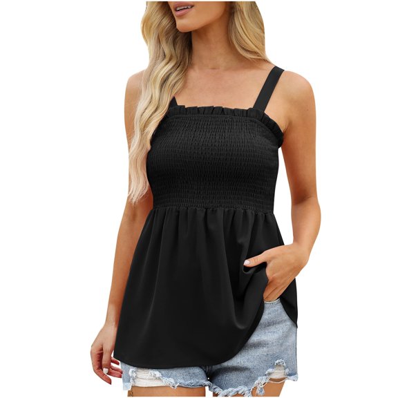YYDGH Womens Summer Frill Smocked Tank Tops Peplum Ruffle Shirts Babydoll Tunic Tops Black S