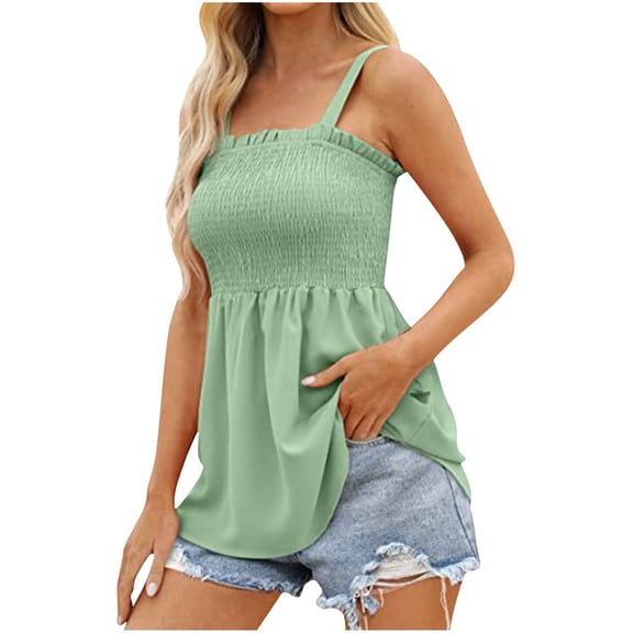 YYDGH Womens Summer Frill Smocked Tank Tops Peplum Ruffle Shirts Babydoll Tunic Tops Light Green S