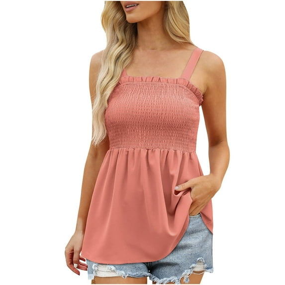 YYDGH Womens Summer Frill Smocked Tank Tops Peplum Ruffle Shirts Babydoll Tunic Tops Pink L