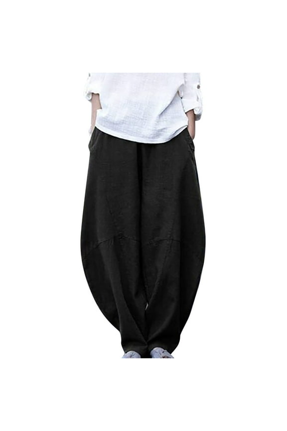 Womens Summer Palazzo Pants Cotton Linen High Waisted Harem Pants Casual Beach Baggy Lantern Trousers with Big Pockets Black Black