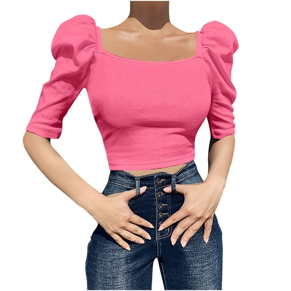 YYDGH Womens Summer Puff Short Sleeve Crop Tops Square Neck Slim Fit Casual T-Shirts Streetwear Hot Pink 3XL