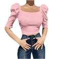 thumbnail image 1 of YYDGH Womens Summer Puff Short Sleeve Crop Tops Square Neck Slim Fit Casual T-Shirts Streetwear Pink 3XL, 1 of 5