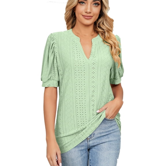 YYDGH Womens Summer Puff Short Sleeve V Neck T-Shirts Eyelet Casual Lace Dressy Tops Tunic Blouses Green XL