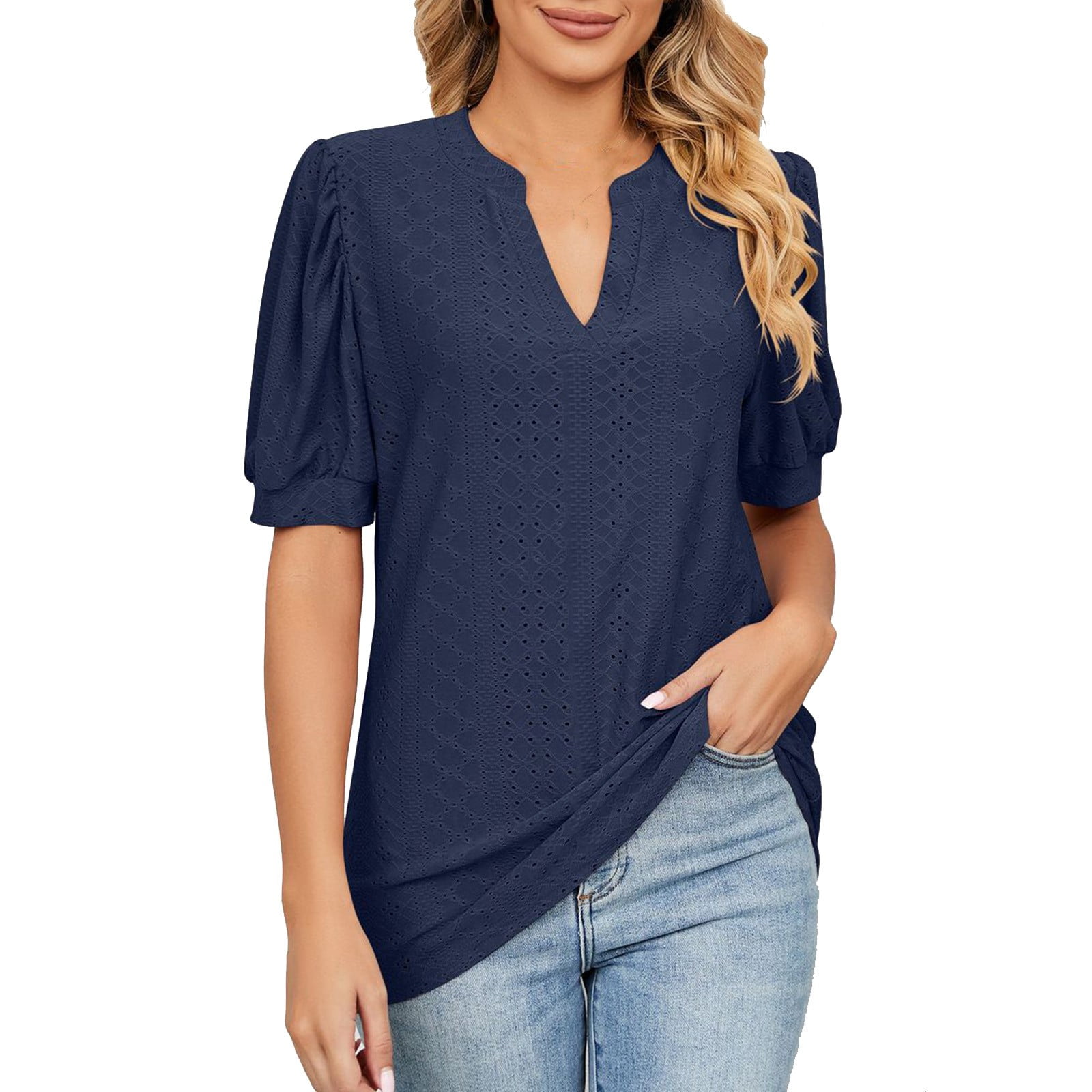 YYDGH Womens Summer Puff Short Sleeve V Neck T Shirts Eyelet Casual Lace Dressy Tops Tunic Blouses 2023 Navy Blue XL