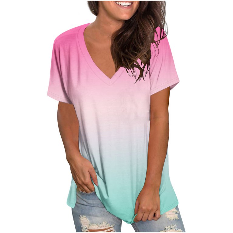 YYDGH Womens Summer Tie Dye Gradient Floral Print T Shirt Short Sleeve Ombre  V Neck Tops Loose Fit Pink M 