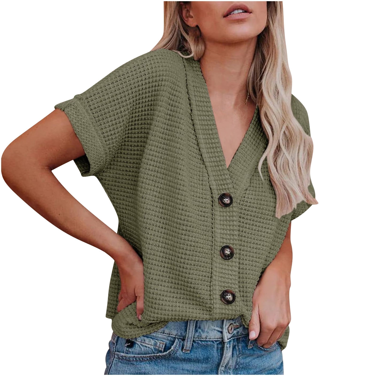 YYDGH Womens Summer Tops 2024 Waffle Knit Button Down Shirts Casual V