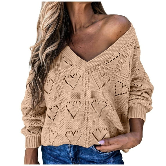YYDGH Womens Sweaters Long Sleeve V Neck Hollow Out Cute Heart Knitted Pullover Solid Color Loose Casual Jumper Tops