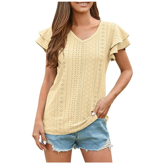 YYDGH Womens Tops Summer Ruffle Short Sleeve V Neck T Shirts Loose Fit Eyelet Yellow S