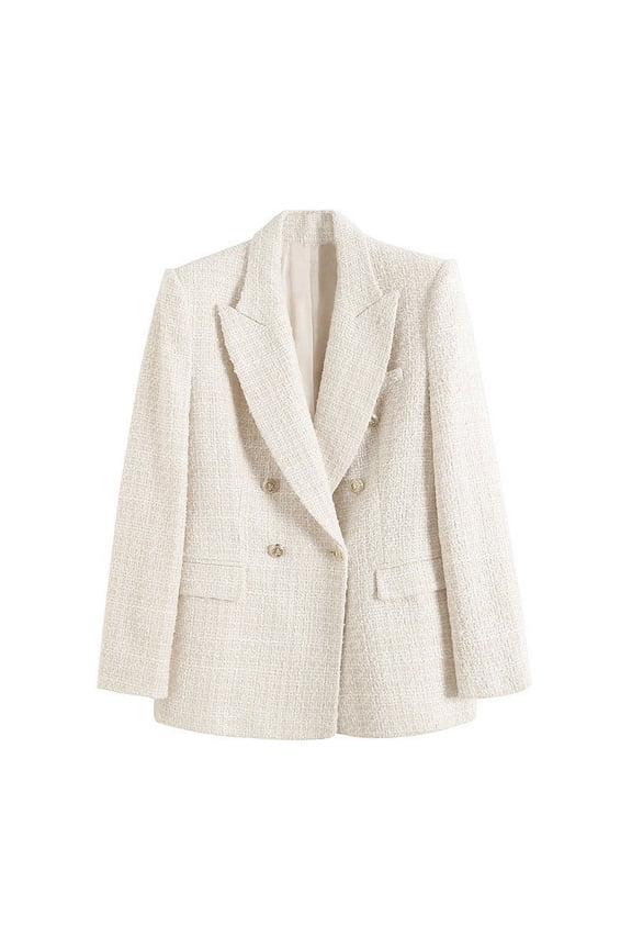 Womens Tweed Blazers Long Sleeve Double Breasted Open Front Plaid Blazer Jackets Work Suits Casual Business Jackets S