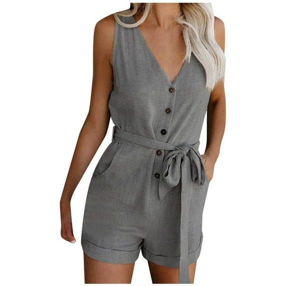 YYDGH Womens V Neck Button Down Rompers Sleeveless Solid Color Waist Tie Short Jumpsuits with Pockets Gray XXL