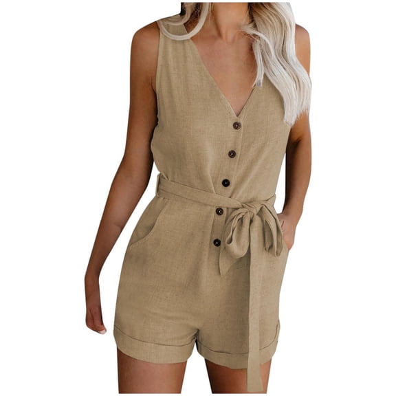 YYDGH Womens V Neck Button Down Rompers Sleeveless Solid Color Waist Tie Short Jumpsuits with Pockets Khaki L