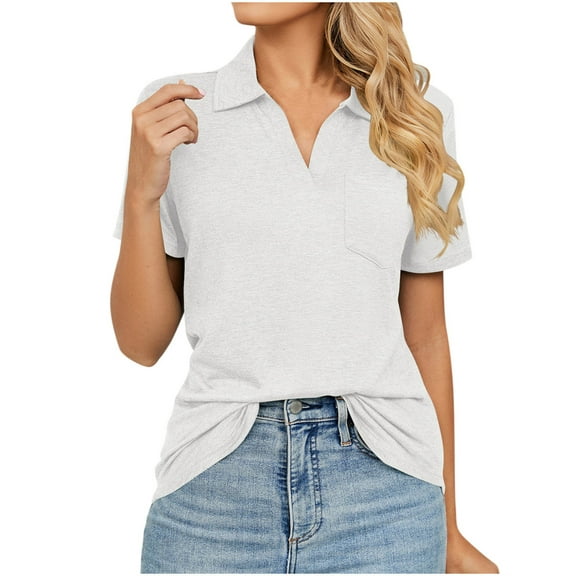 YYDGH Womens V Neck Polo Shirts Short Sleeve Collared Blouses Dressy Casual Summer Business Tops with Pocket White S