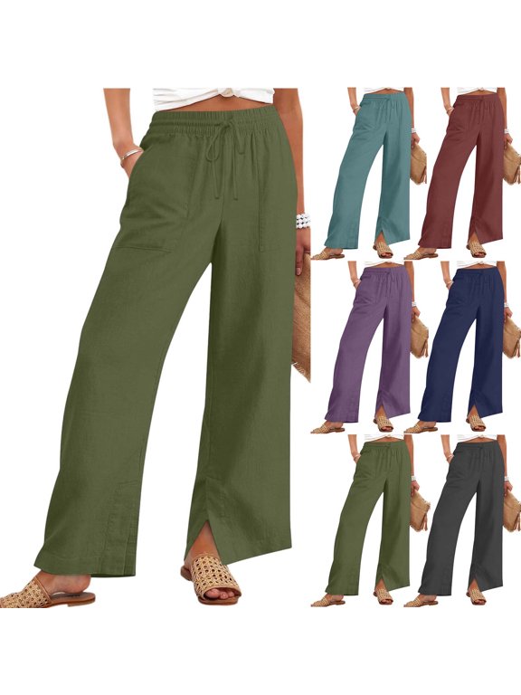 Womens Wide Leg Pants Drawstring Elastic Waist Side Split Hem Pants with Patch Pockets Casual Beach Vacation Lounge Trousers