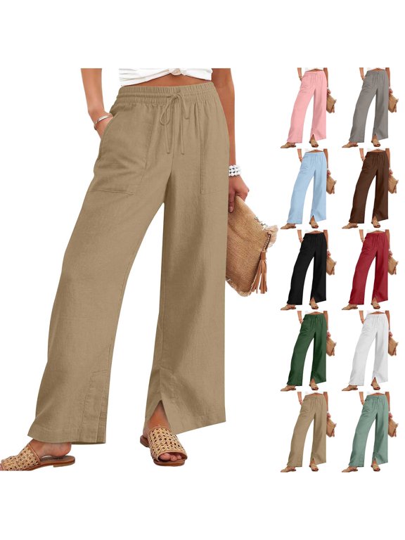 Womens Wide Leg Pants Drawstring Elastic Waist Side Split Hem Pants with Patch Pockets Casual Beach Vacation Lounge Trousers