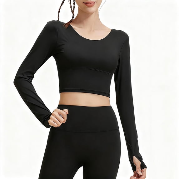 YYDGH Womens Workout Crop Tops Crew Neck Long Sleeve Yoga Tee Shirts Built in Bra Mild Support Cream Feeling Athletic Shirts Black XL