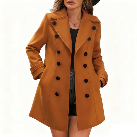 YYDGH Wool Blend Trench Coats for Women Fall Winter Notched Lapel Double Breasted Peacoat Trendy Work Office Jackets with Pockets
