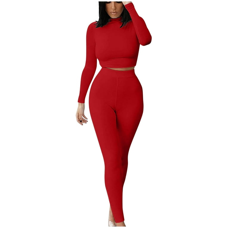 YYDGH Workout Sets 2 Piece Outfits for Women Crewneck Long Sleeve Ribbed Crop  Top High Waist Yoga Leggings Lounge Wear Tracksuit Red M - Walmart.com