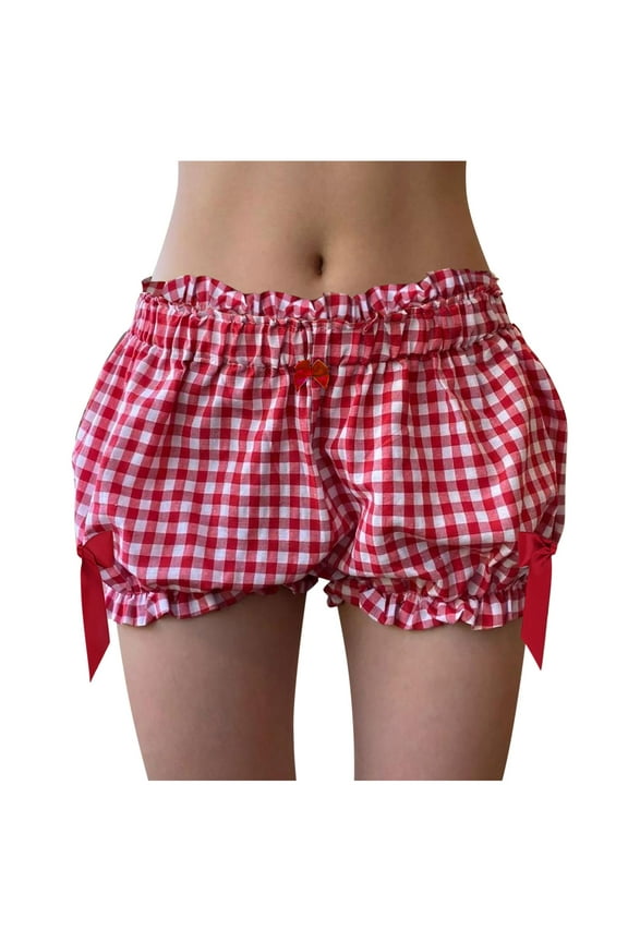 Y2K Bloomer Shorts for Womens Bow Tie Ruffle Plaid Pants Shorts Frilly Trim Gingham Pj Micro Shorts Low Waist Sleep Pajama Bottoms