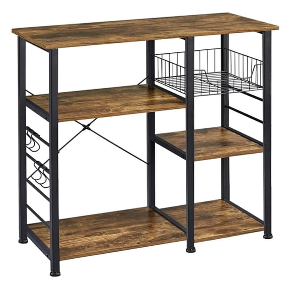 YYDSBNHH 4-Tier Kitchen Baker' Rack, Coffee Bar Microwave Stand Cart with Wire Basket & 6 Side , Kitchen Organizer Shelf for Spices/Utensils Foods, Rustic Brown