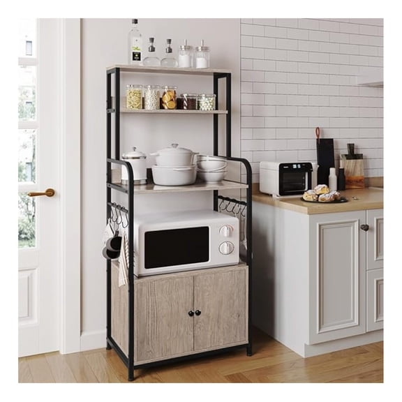 YYDSBNHH 4-Tier Kitchen Bakers Rack with Storage Cabinet and Hutch, Microwave Oven Stand Coffee Bar Pantry Cabinet with 8 , Freestanding Kitchen Shelves Spice Rack, Gray