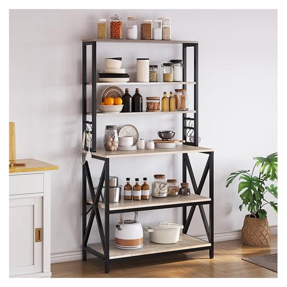 YYDSBNHH 6-Tier Kitchen Bakers Rack, 31.5 Inch Coffee Bar Table, Farmhouse Microwave Oven Stand Cabinet for Small Spaces, Corner Organizer Storage Shelf for Spices and Pots, Grey