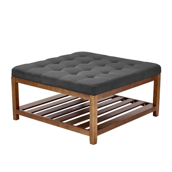 YYDSBNHH Large Square Ottoman Coffee Table, 34.5 Inch Tufted Coffee Table with Solid Wood Shelf Storage, Linen Solid Upholstered Footrest Ottoman for Bedroom Living Room, 400 LBS, Dark Gray