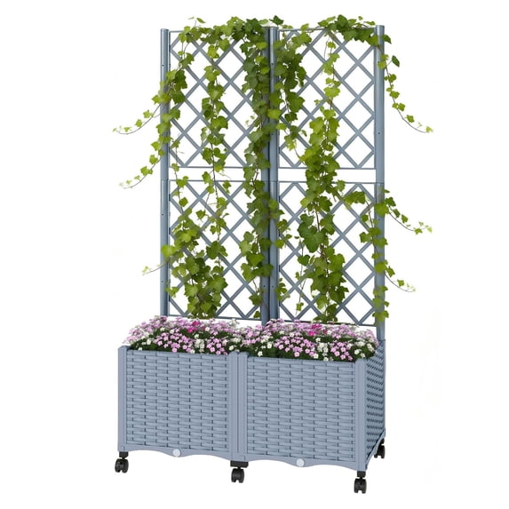 YYDSBNHH Planter Box with Trellis, Self Watering Raised Garden Bed with Lockable Wheels and Drainage Holes, Gray