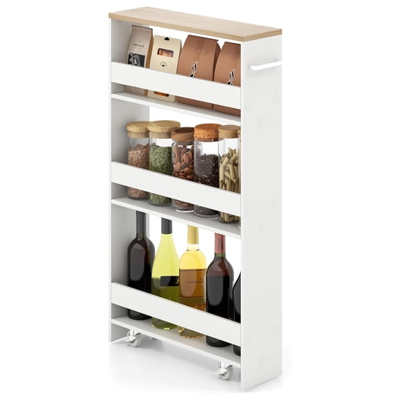 YYDSBNHH Slim Storage Cart 4 Tier, Rolling Side Cabinet w/Handle, Space Saving, Kitchen Utility Cart Tower Rack for Laundry Narrow Places (White & Brown)