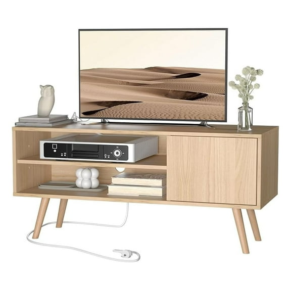 YYDSBNHH TV Stand for 55 Inch TV, Century Modern Entertainment Center with Storage, Media Console with Charging, Living Room Bedroom - Oak