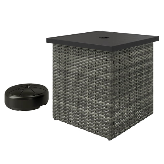YYDSBNHH Wicker Side Table with 1.5" Umbrella Hole, Square Outdoor End Table with UV-Resistant Frame, Storage Space, Mixed-Gray