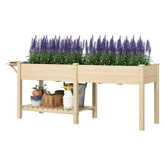 YYDSBNHH Wood Raised Garden Box, Elevated Garden Bed with Side Table, Bottom Shelf, Bed Liners and Drainage Holes, Natural
