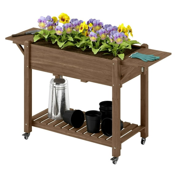 YYDSBNHH Wood Raised Planter Box, Elevated Garden Bed with Lockable Wheels, Side Tables, Bottom Shelf, Drain Holes, Carbonized