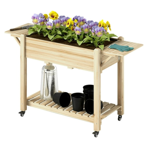 YYDSBNHH Wood Raised Planter Box, Elevated Garden Bed with Lockable Wheels, Side Tables, Bottom Shelf, Drain Holes, Natural