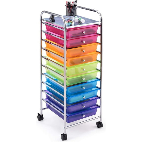 YYEAN 10-Drawer Storage Cart, Utility Cart with Removable Drawers & Metal Frame, Rolling Storage Cart with Lockable Wheels for Home, Office, Clear-Rainbow