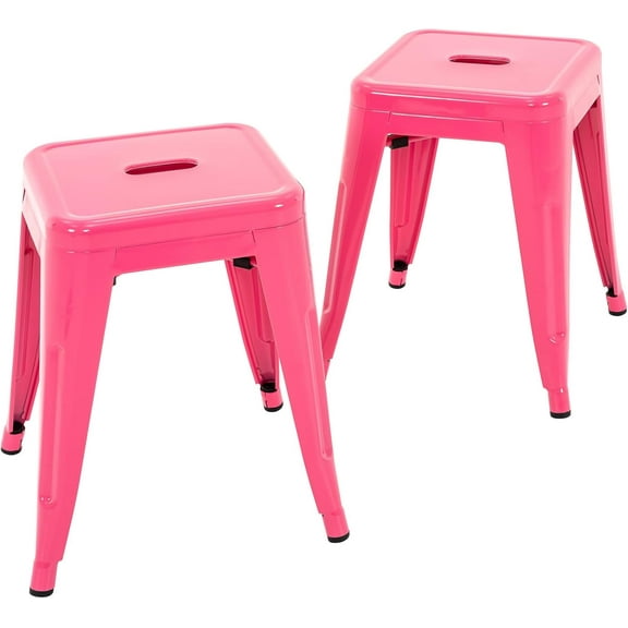 YYEAN 18 Inch Industrial Metal Stools Set of 2, Short Stackable Classroom Stools, Backless Metal Dining Chairs for Indoor Outdoor Kitchen -Hot Pink