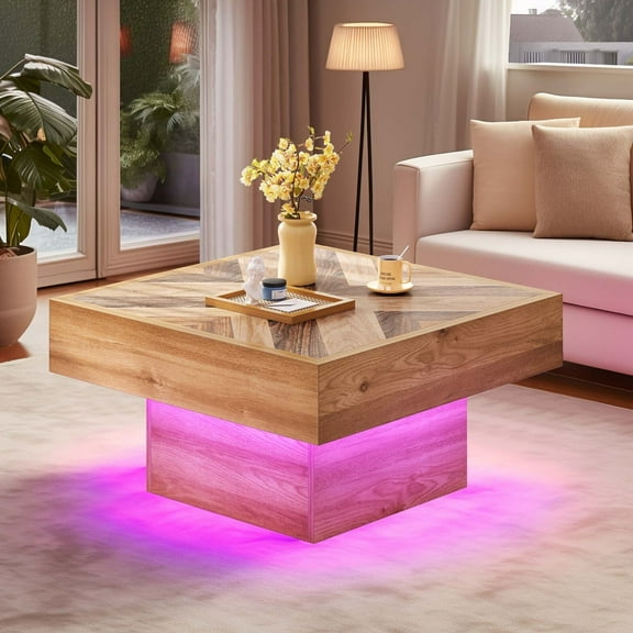 YYEAN 2 Drawer Square Center Table Coffee Table with LED Light Modern Cocktail Table-Brown