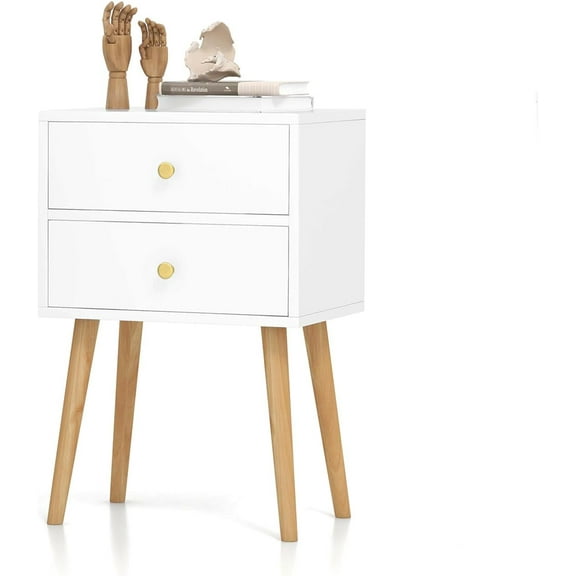 YYEAN 2 Drawers Nightstand, Stylish Side Table with Round Handles & Sturdy Solid Wood Legs, Modern End Table with 2 Drawers for Bedroom, Small Spaces (1, White)