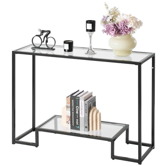 YYEAN 2-Tier Glass Console Table - Rectangle Sofa Side Table with Anti-Tip Design, Tempered Glass Shelves, Sturdy Metal Frame, Black Finish, Space-Saving Structure, Ideal for Living Room