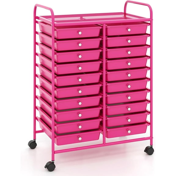 YYEAN 20-Drawer Rolling Storage Cart, Multifunctional Art Craft Organizer Cart, Mobile Utility Storage Cart with Removable Drawers & Lockable Wheels, Craft Cart for Home Office-Hot Pink