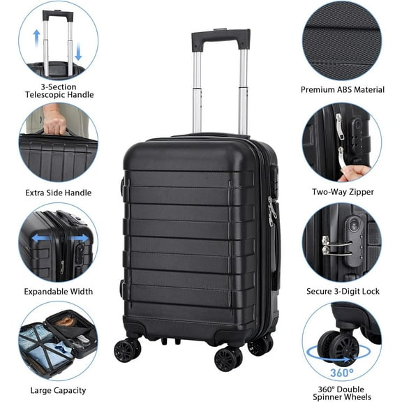 YYEAN 21" Hardside Carry On Luggage | Expandable Spinner Suitcase with 8-Wheel Maneuverability, TSA Lock & Scratch-Resistant Black Shell for Travel