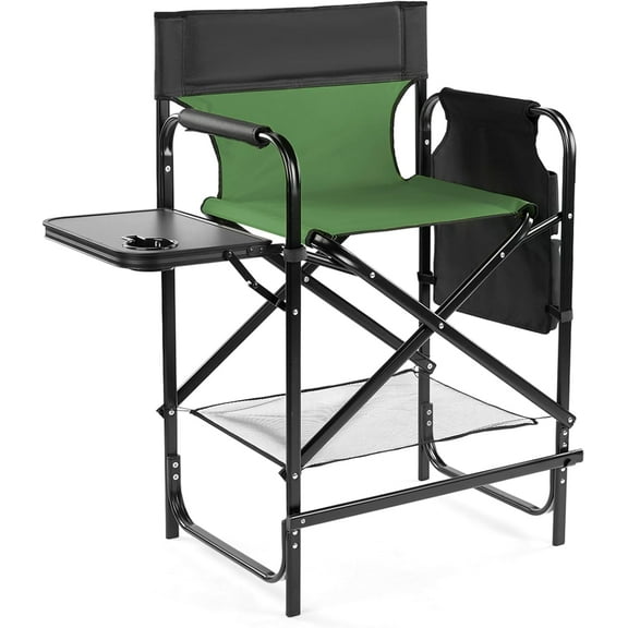 YYEAN 26" Tall Directors Chair Height Seat Folding with Side Table Storage Bag, Support for 300Lbs Portable Makeup Artist Chair with Bar Height-Dark Green/Black