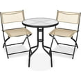 thumbnail image 1 of YYEAN  3-Piece Patio Bistro Dining Furniture Set w/Textured Glass Tabletop, 2 Steel Folding Chairs, Polyester Fabric -Beige, 1 of 11